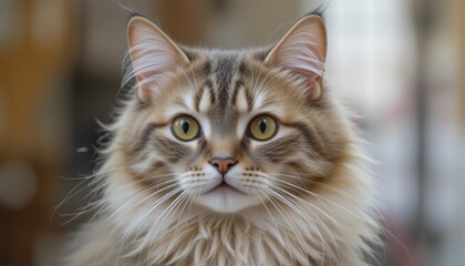 Fototapeta premium Majestic Close-Up Portrait of a Fluffy Tabby Cat with Striking Golden Eyes and Whiskers