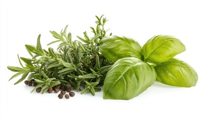 Photo of rosemary, basil, and thyme on a white background.