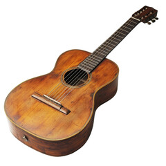 Obraz premium Vintage acoustic guitar with polished wooden finish, showcasing craftsmanship and elegance. Perfect for music lovers and collectors