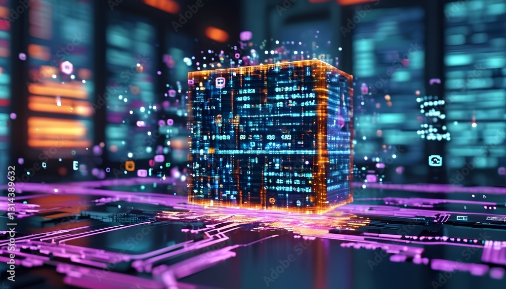 Poster innovative data visualization cube digital realm 3d render high-tech environment close-up view futur
