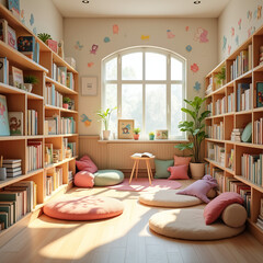 Biblioteca infantil con grandes ventanales, ambiente luminoso y c&aacute;lido. Una acogedora y bonita biblioteca infantil con muchos libros.
