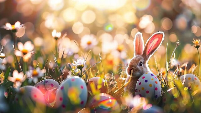 Cute bunny with Easter eggs. Generative AI video