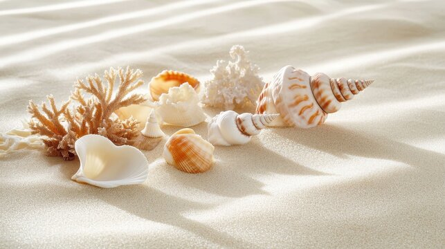Assorted Seashells And Coral On Sandy Beach Surface.
