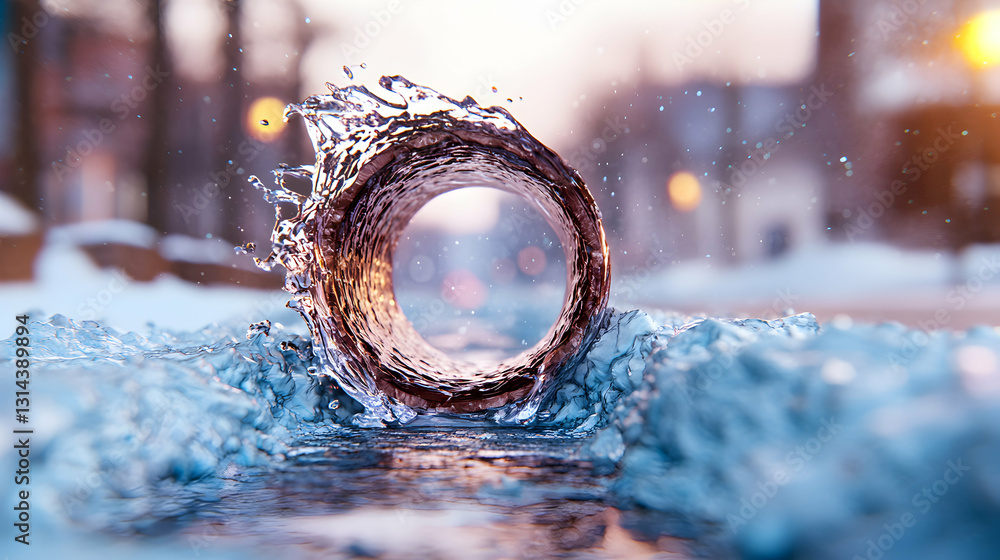Poster a circular pipe structure with water splashing outwards dramatically