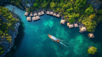 Fototapeta premium Boat on Tropical Lagoon, Aerial View