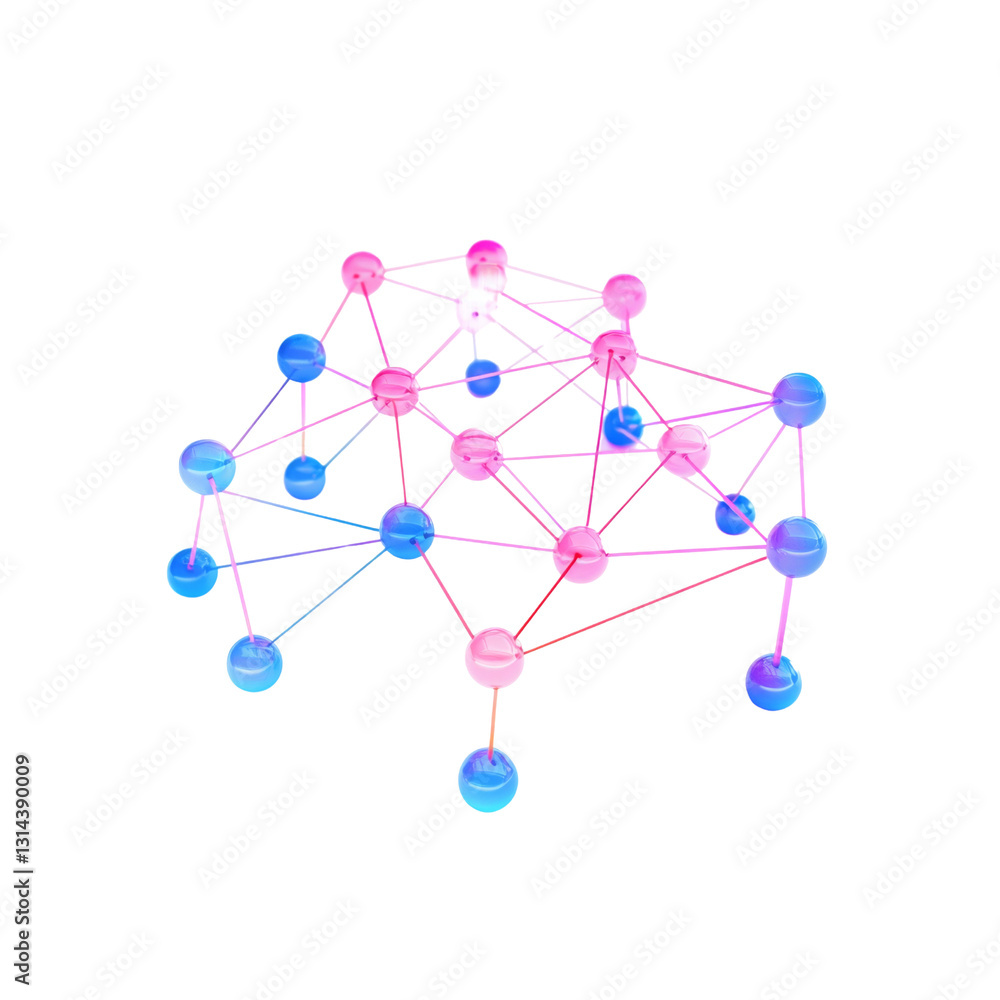 Poster 3d network structure with colorful nodes and connections, representing data or technology concepts. 