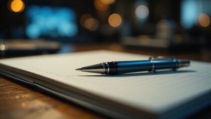 Close-Up of a Silver Pen on a Blank Notebook at an Intimate Workspace with Soft Lighting