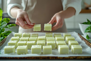 A person carefully arranges pale green mint fudge squares on a baking sheet, ready for cooling and packaging.