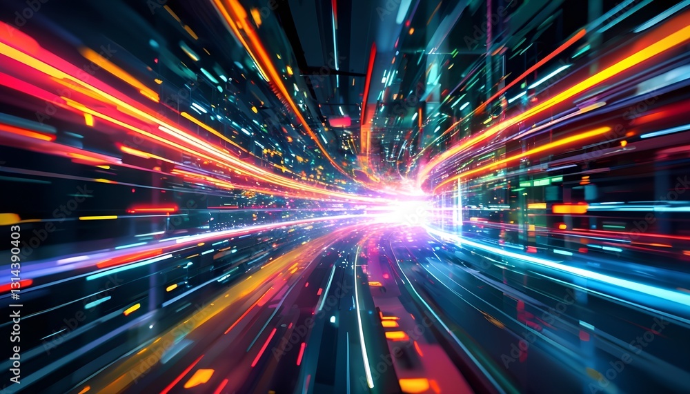 Poster dynamic light trails creating a vivid experience in a futuristic cityscape digital art nighttime hig