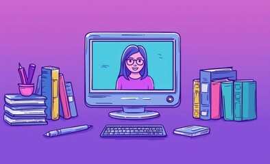 Online Learning Concept with Computer and Books in a Cartoon Style