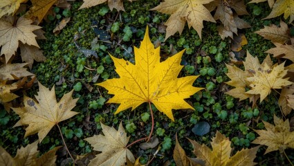 Vibrant Yellow Maple Leaf Among Brown Leaves on the Forest Floor Surrounded by Green Moss
