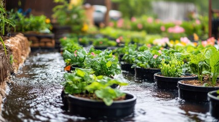  A backyard featuring a rainwater collection system and thriving plants.