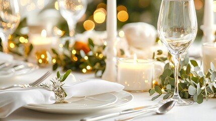 Event Planning setting with flowers,candles,balloons Concept. Elegant Table Setting with Candles and Greenery Decor