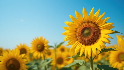 Obraz premium Vibrant Sunflowers Blooming in a Field Under a Clear Blue Sky on a Bright Sunny Day