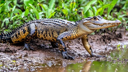 Obraz premium Young crocodile emerging from muddy bank
