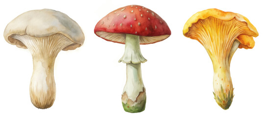 Watercolor mushrooms, natural textures, vibrant colors, botanical illustration, nature art, organic design, food inspiration.