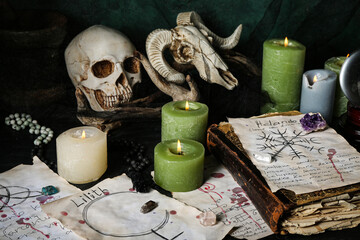 Witch's magic attributes with spell book on dark table