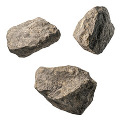 A collection of three distinct rocks with varying shapes and textures, showcasing natural mineral formations.