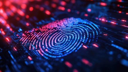 Futuristic biometric fingerprint scan with vibrant red and blue glow