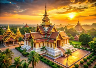 Vintage Buddhist Temple Vientiane Laos,  Ancient Architecture,  Golden Pagoda,  Laotian Culture