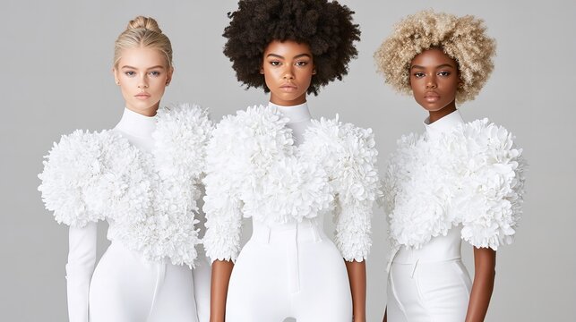 Three models of diverse ethnicities showcase stunning white textured outfits.  Modern, chic, and elegant.