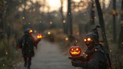 Two figures wearing costumes holding glowing jack o lanterns outdoors
