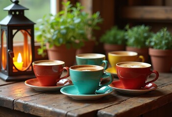 Fototapeta premium stylized arrangement colorful coffee cups rustic wooden table natural textures inviting atmosphere, ceramic, beverage, aesthetic, warm, view, art, pattern