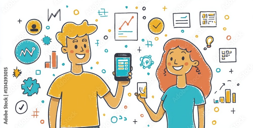 Aufkleber Two smiling individuals discussing digital analytics with charts and graphs