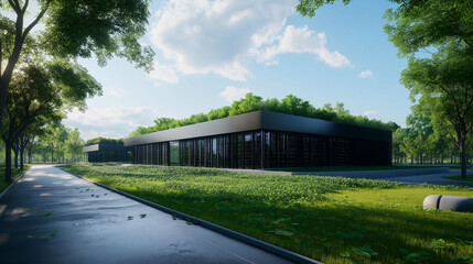 Large-scale data storage facility featuring eco-friendly architecture and green rooftop vegetation for insulation.