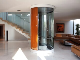 Interior showcasing a luxurious residence with a cylindrical glass elevator