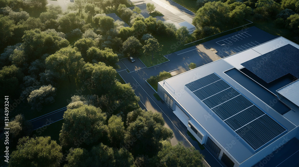 Poster aerial drone view of an advanced hyperscale data center, seamlessly blending into an eco-friendly en