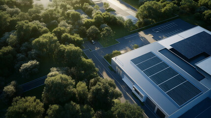 Aerial drone view of an advanced hyperscale data center, seamlessly blending into an eco-friendly environment.