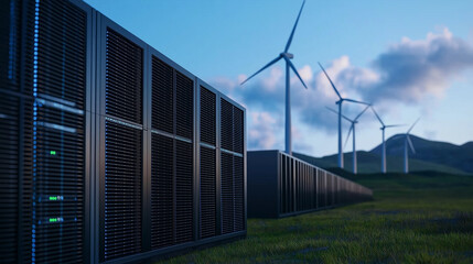 Data center powered by wind farms, with turbines spinning across rolling hills in the background.