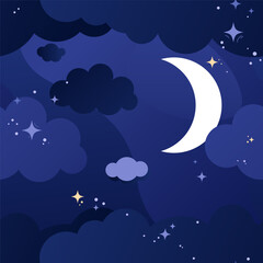 Vector cloudy night sky seamless pattern. Big moon in thick clouds, many small shining stars. Cute baby print. Cartoon natural background. Art for children's room wallpaper, kids fabric. Sweet dreams