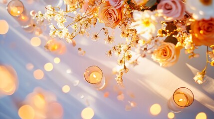 Event Planning setting with flowers,candles,balloons Concept. Romantic Floral Arrangement with Soft Candlelight