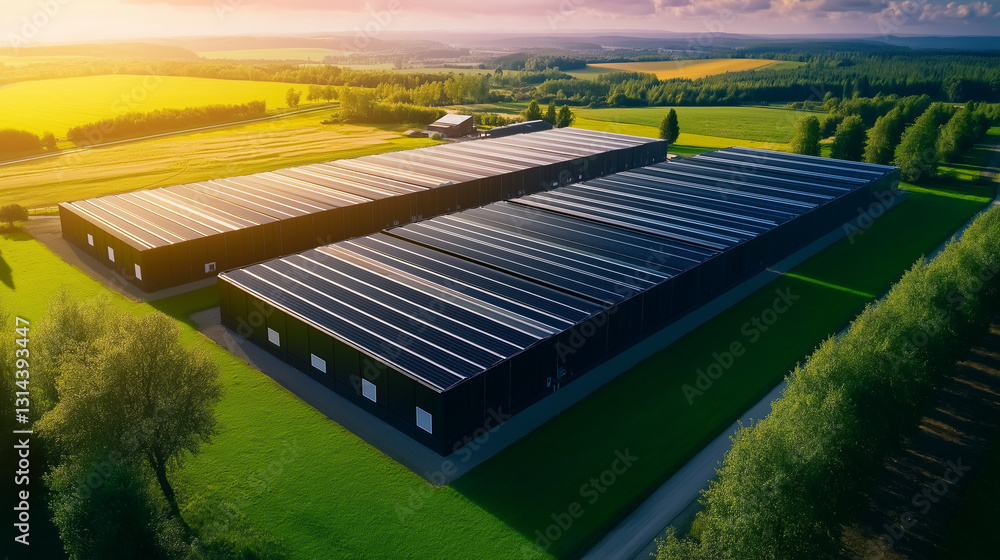 Poster aerial shot of a smart data center with intelligent cooling solutions, designed for maximum energy e