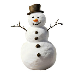 A cheerful snowman featuring a top hat, buttons, and twig arms, evoking a playful winter spirit.