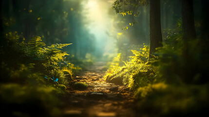 A sunlit forest pathway leads through lush vegetation and trees