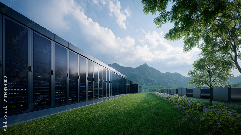 Poster modern data center with geothermal power integration, reducing carbon footprint while ensuring high-