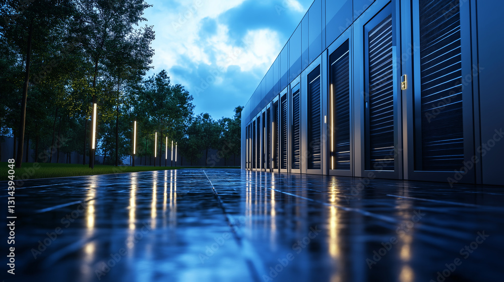 Poster modern data center with geothermal power integration, reducing carbon footprint while ensuring high-