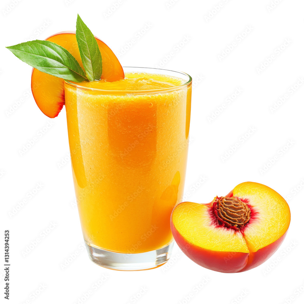 Poster fresh peach smoothie in glass with peach slices