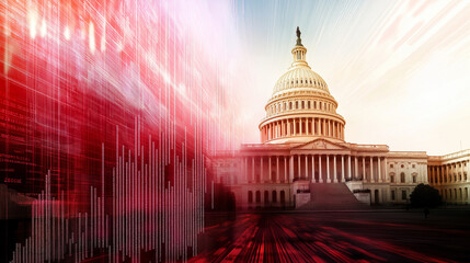 A surreal composition of the Capitol building emerging from a giant, undulating stock market graph, where each column represents financial data points, blending politics and econom