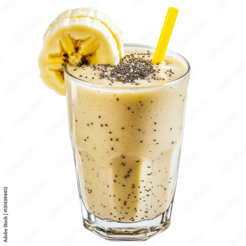 Poster creamy banana smoothie topped with chia seeds and banana slice, served in clear glass with yellow st
