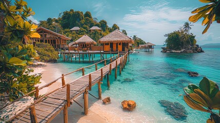 Obraz premium Walking Wooden Pier Leading to Tropical Beach Huts with Clear Water