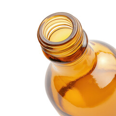 A close-up view of a bottle neck filled with a golden liquid, showcasing its shiny surface against a black background.