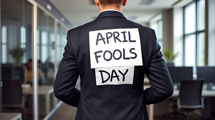 businessman in a suit with an April Fools' Day sign taped to his back, standing in a contemporary office. A lighthearted prank that embodies the playful and trickster nature of April 1st