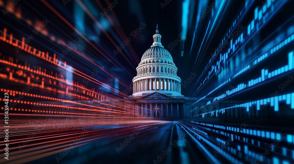 Poster the capitol building floating above a massive digital stock exchange floor, its foundation merging i