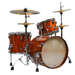 beautiful wooden drum set featuring bass drum, snare drum, and cymbals, perfect for music enthusiasts and performers. rich wood grain adds elegance to any stage