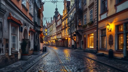 Fototapeta premium Enchanting European City Streetscape with Historic Architecture and Glowing Lights