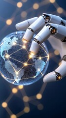 Supply chain global interconnected network. A robotic hand reaches for a glowing globe, symbolizing the intersection of technology and global connectivity.